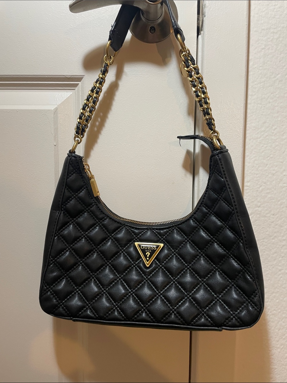 (USED) Guess Black Quilted Shoulder Bag with Gold Chain